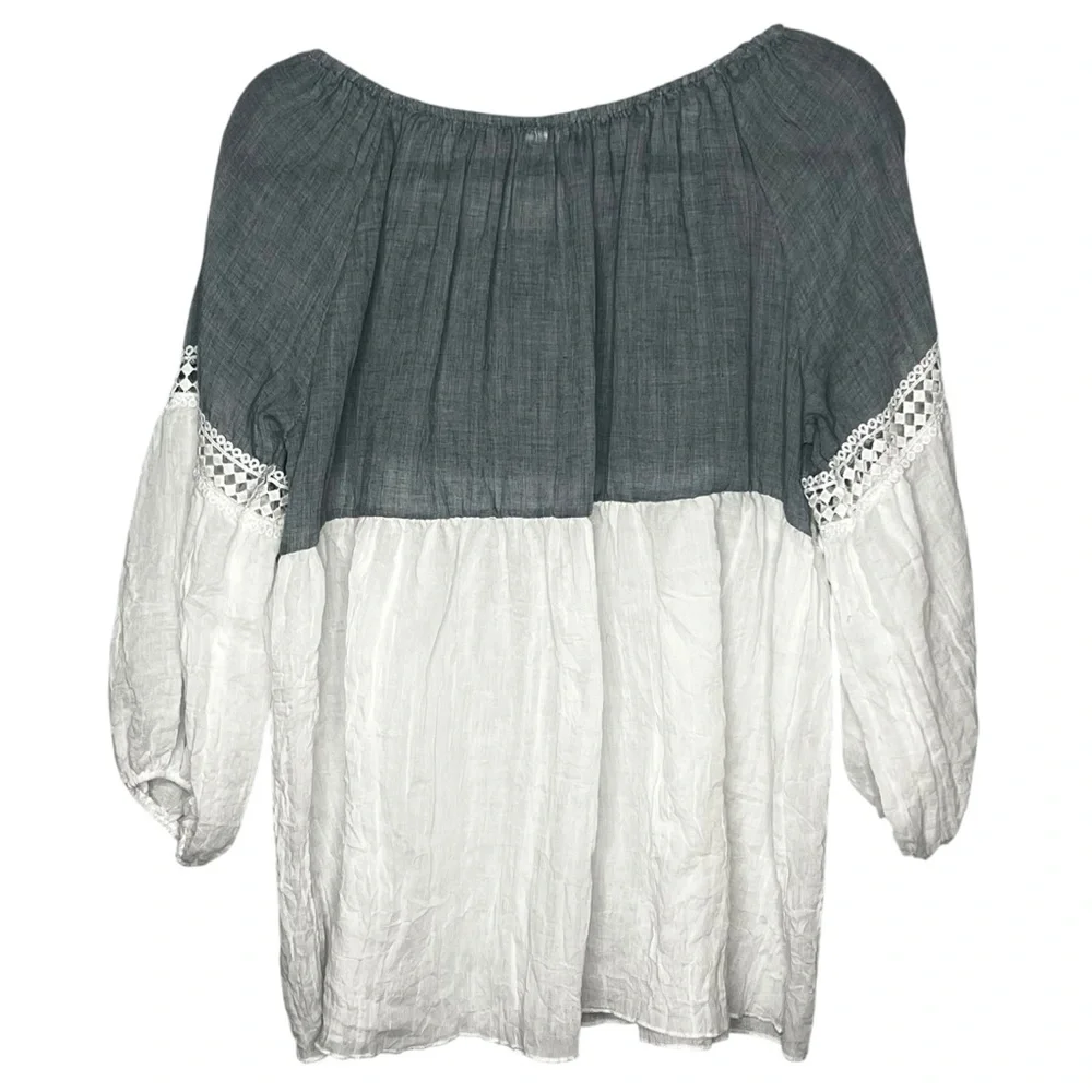 Kaktus NEW Blue White Chambray Boho Peasant Lace Tie Top 3/4 Balloon Sleeve L